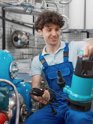 ski-pumps-about-2 Technician looking at a smaller teal blue ski pump